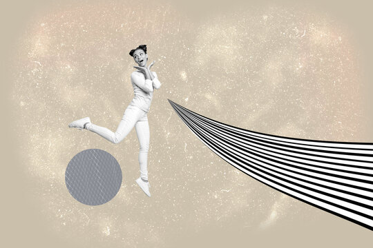 Fototapeta Collage of stylish person with hypnotic swirl and geometric pattern black white waves background in modern pop style