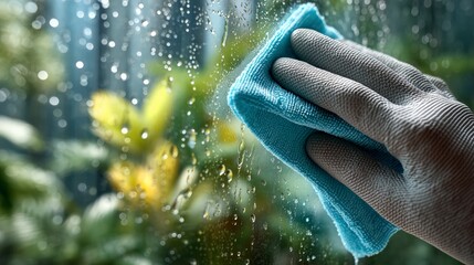 Fototapeta premium Hand Cleaning Glass Window with Yellow Cloth and Garden View
