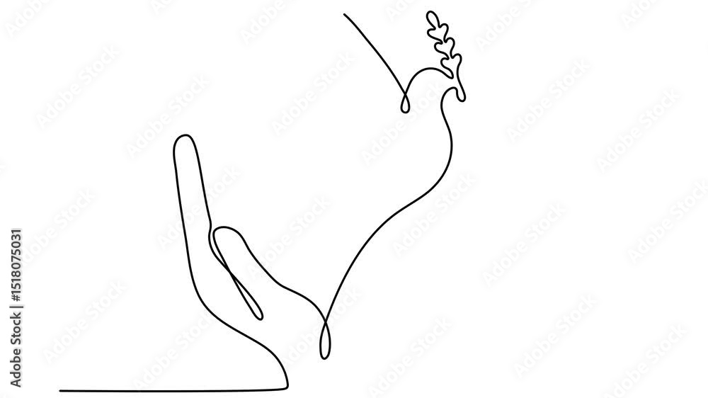 Poster continuous line drawing hands with flying dove and olive branch animation. freedom linear bird symbo