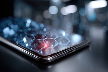 A smartphone showcasing a network of hexagonal structures emphasizes the fusion of technology and connectivity in the digital age, representing innovation and interaction.