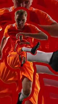 Stop motion. Animation. Male athlete in motion, in mid-kick against vibrant red background. Development of movement in strobo effect. Concept of healthy and active lifestyle, fitness, energy, dynamic