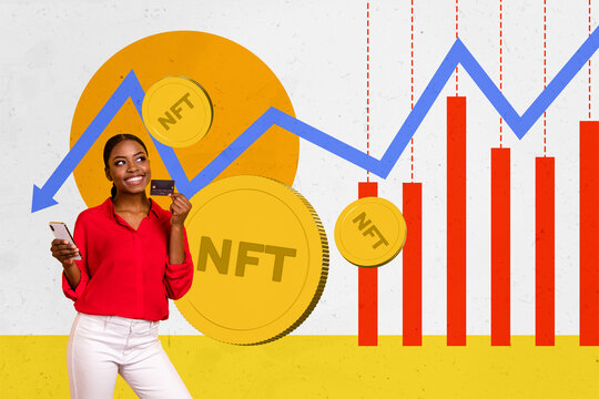 Composite image montage trend artwork collage of young lady hold credit card smartphone arrow down money finance budget earnings nft coins