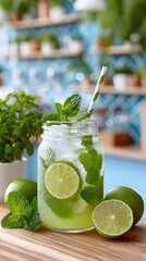 Refreshing mojito cocktail in a glass jar with mint leaves and lime slices, garnished with a striped straw, showcasing vibrant summer drink appeal. Selective focus