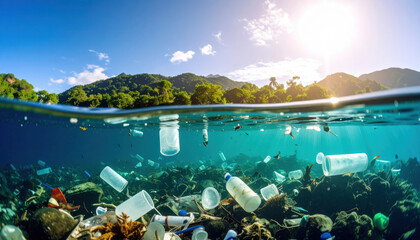 Obraz premium Pollution in Ocean: Plastic Waste Underwater with Nature Background