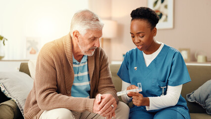 Woman, nurse or pills with elderly patient for medication prescription, consultation or dosage....