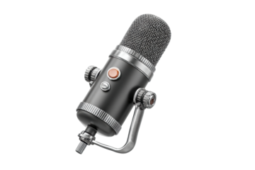 PNG Vintage black microphone with metal grille and adjustable stand isolated on black background