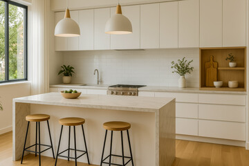 Modern kitchen interior with elegant design and ample lighting