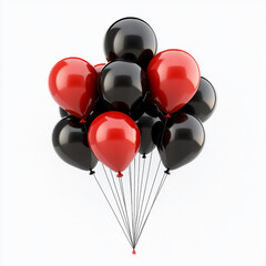 A festive cluster of black and red balloons floating against a clean white background for celebrations and special occasions