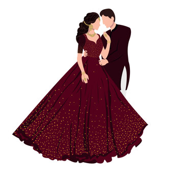 indian couple illustration wearing red maxi with dancing pose for sangeet function