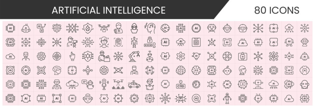Artificial Intelligence Outline Icon Set &ndash; AI, Robotics, Machine Learning, Neural Network, Technology Symbols, AI outline icons, technology icon pack, AI user interface icons, tech startup icons