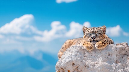 Majestic Snow Leopard Resting on Rocky Mountain Top Under Blue Sky