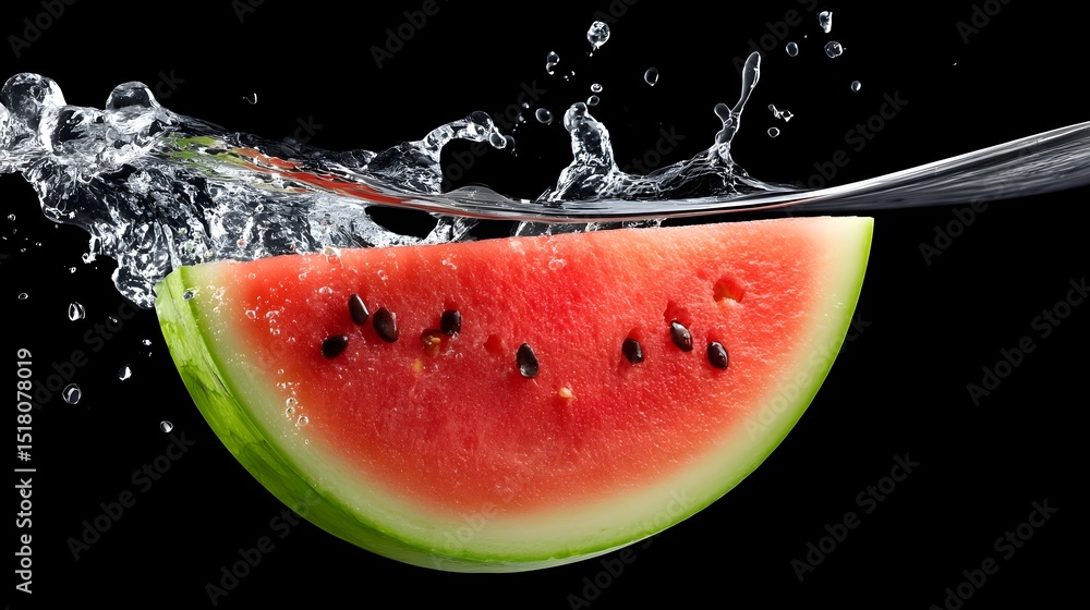 Poster refreshing watermelon slice splashing into water