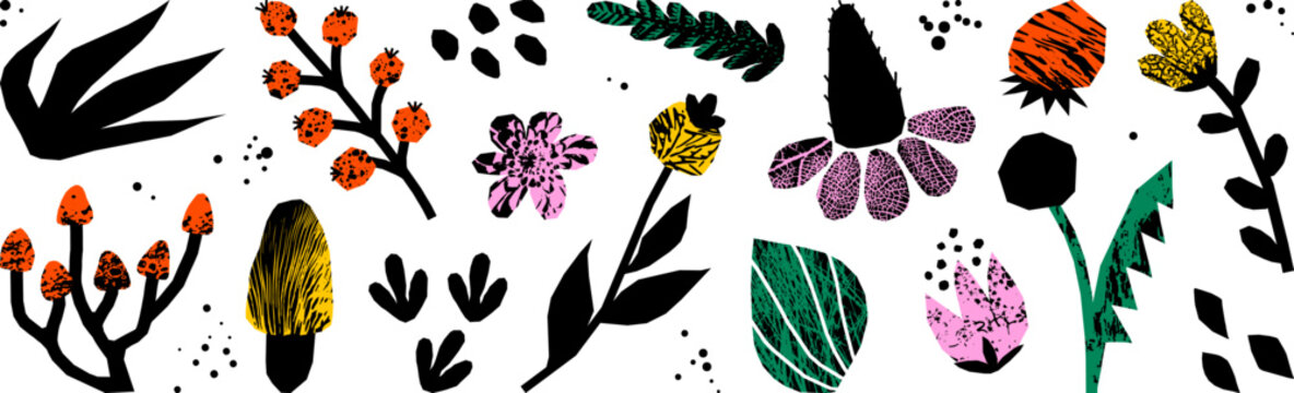Paper cutout collage flower, berry and mushroom elements asset pack. Grunge graphic texture, childish playful aesthetics. Vector isolated elements for sticker, scrapbook, decoration.