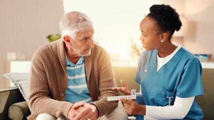 Woman, nurse or pills with senior patient for medication prescription, consultation or dosage....