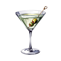 Martini Glass with Olive Skewer, Watercolor Style Drink on Transparent Background