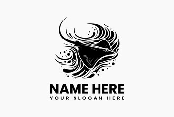 Monochromatic tribal art illustration of a graceful manta ray elegantly swimming amidst swirling ocean waves and intricate dot patterns. Nature concept