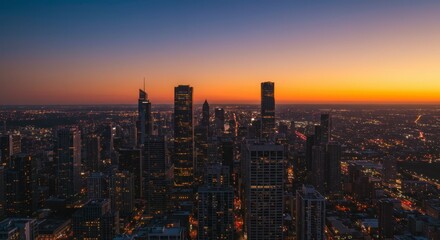 Obraz premium City skyline at sunset, buildings illuminated, vibrant colors