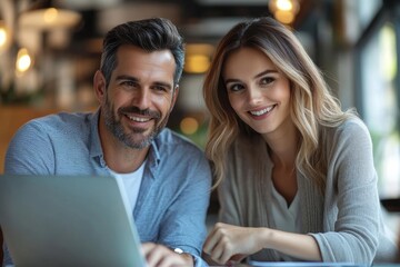 Happy Couple Working Together on Laptop Modern Office Lifestyle Attractive Smiling Man Woman Team Casual      