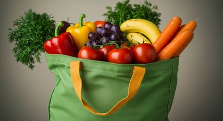 A green reusable bag overflowing with fresh produce, including bell peppers, tomatoes, grapes, bananas, and carrots