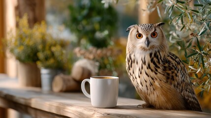 Owl perched on wooden table beside a white cup of coffee, surrounded by greenery and flowers, creating a serene and cozy atmosphere in a natural setting