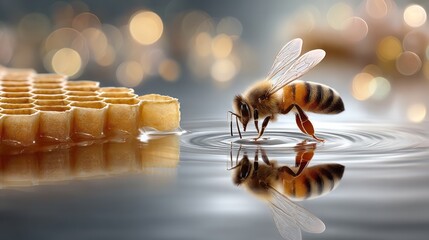 Close-up of a honey bee interacting with water surface near honeycomb, showcasing intricate details of nature and the delicate balance of ecosystems and pollination