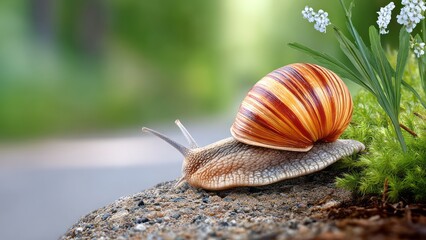 Close-up of a colorful snail resting on a textured rock surrounded by lush green grass and delicate white flowers, showcasing nature's beauty and intricate details