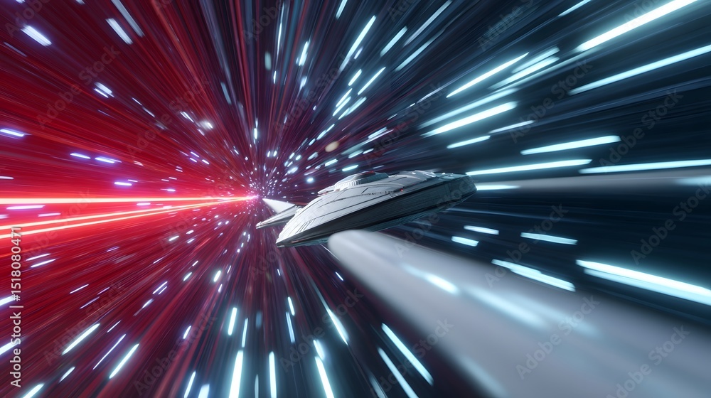 Poster spaceship entering a chromatic wormhole in cinematic sci-fi rendering