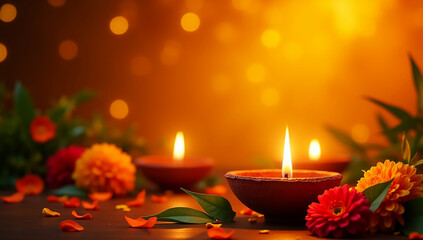 Diwali celebration with glowing diyas, flowers, and warm bokeh lights background