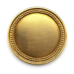 Luxurious gold medallion isolated on white background showcasing a blank metallic surface ideal for adding text or graphic design elements suitable for various creative projects.