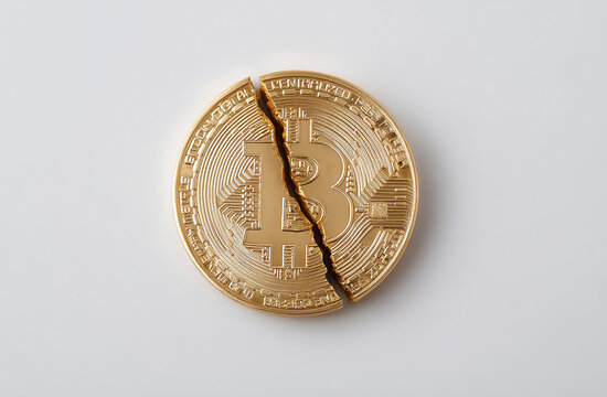 Bitcoin coin with visible crack lines forming, cryptocurrency risk and volatility concept