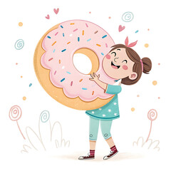 On an isolated white background, a cartoon girl is depicted holding a giant pastel donut.
