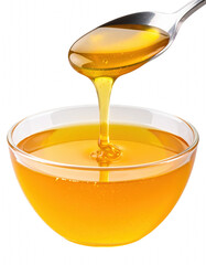 Golden honey being poured from a spoon into a bowl isolated on a transparent background for culinary and food photography purposes, Transparent background PNG