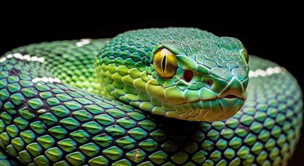 Obraz premium Vibrant Green Blue Snake Striking Yellow Eyes Intricate Scales Dark Background