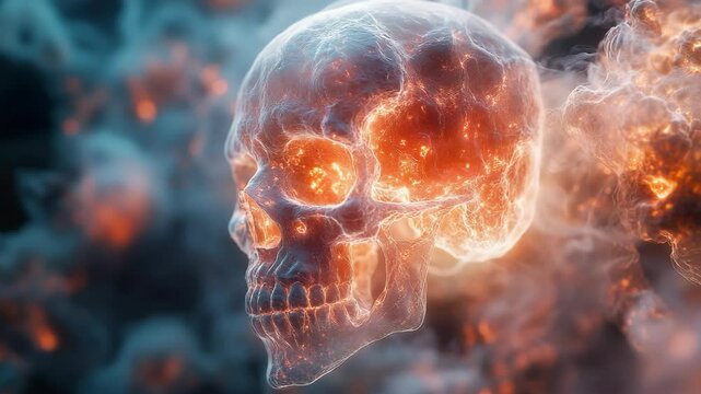 A skull in the middle of a fiery explosion