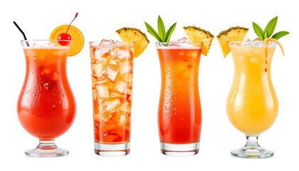Vibrant Tropical Fruit Cocktails with Garnishes in Hurricane Glasses Isolated on Transparent Background

