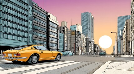Vintage muscle car on a retro-style city street at sunset