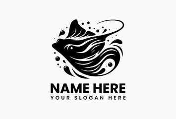 Monochromatic tribal art illustration of a graceful manta ray elegantly swimming amidst swirling ocean waves and intricate dot patterns. Nature concept