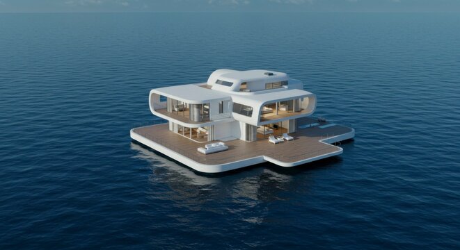 Futuristic floating home on tranquil ocean; sleek, white design with expansive decks and large windows offering breathtaking ocean views