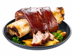 Grilled pork knuckle deliciously plated and isolated on a transparent background for culinary and gastronomic presentations, Transparent background PNG
