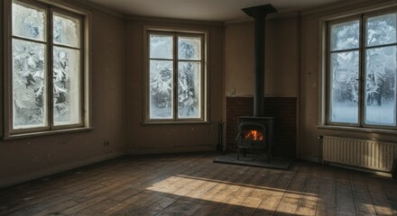 Empty room with wood stove, snow on windows