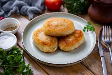 Potato zrazy with mushrooms. Home cooking. Potato patties for lunch. Close-up
