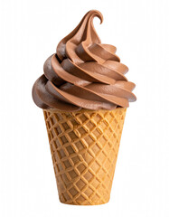 Tempting chocolate soft serve ice cream cone isolated on a transparent background ideal for sweet treats and summer snacks, Transparent background PNG