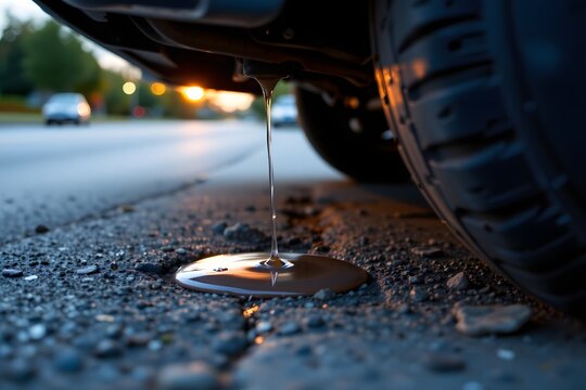Leaking car on the Road: An up-close perspective captures a car with a visible leak on the asphalt of a road. The fluid drips from the car onto the ground, creating a pool.