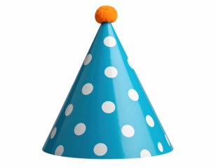 A blue party hat with orange polka dots and a bright orange ball isolated on a transparent background for celebration and fun themes, Transparent background PNG
