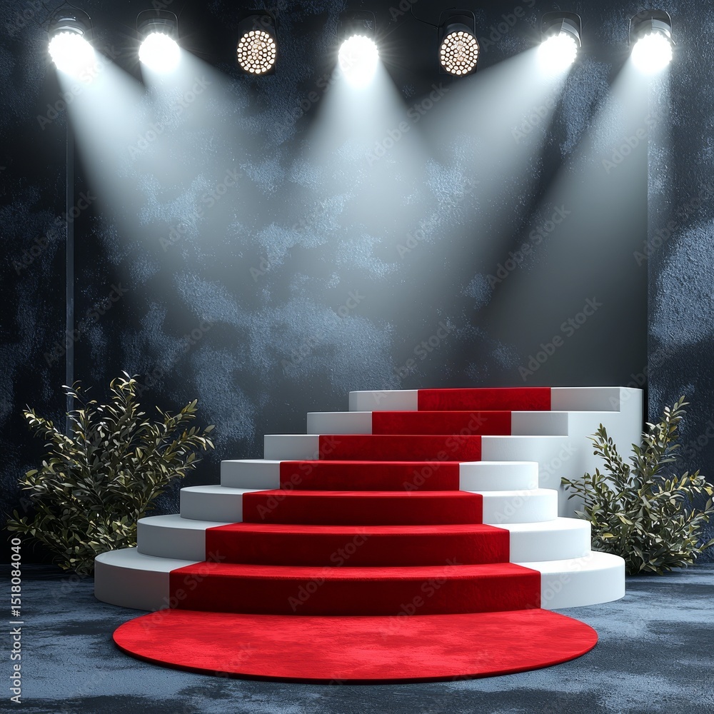 Poster a red carpet leads up to a round podium, which is highlighted by spotlights against a backdrop of ab