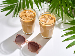 Two glasses of iced coffee and sunglasses rest on a white table, evoking a relaxing, sunny vacation atmosphere.