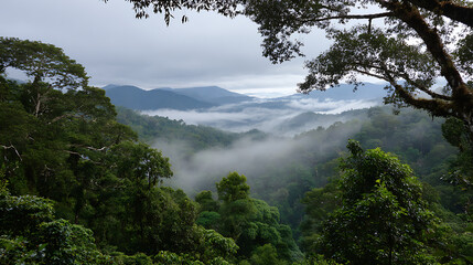 Obraz premium Misty Treetop Scene In Manu Forest, Good For Atmospheric And Aerial Texture Visuals