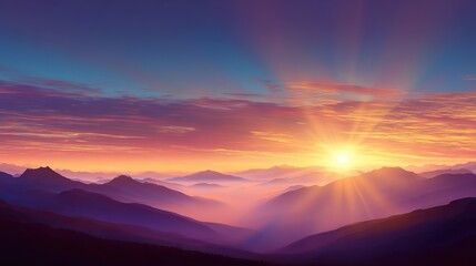 Fototapeta premium The sunrise over the mountain peaks casts pink and purple hues in the sky, creating a stunning natural beauty that is perfect for postcard or advertising design.