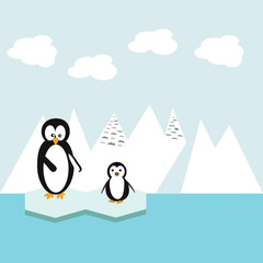 Cute baby penguins on snow and ice, a funny winter animal illustration
