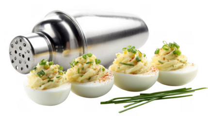 Three deviled eggs garnished with chives and paprika are arranged near a cocktail shaker, creating an intriguing culinary scene against a transparent background